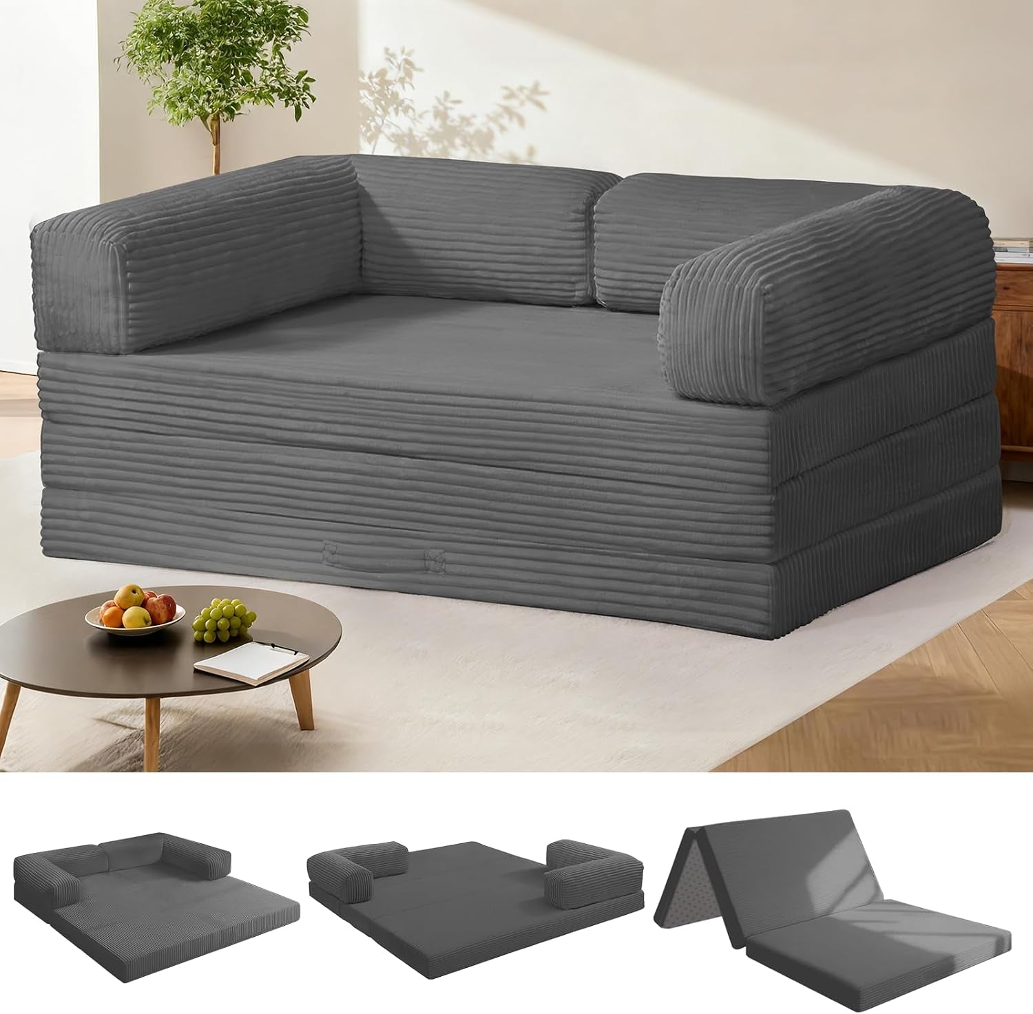 Grey tri-fold mattress configured as a loveseat with removable armrests in a living room setting, front view