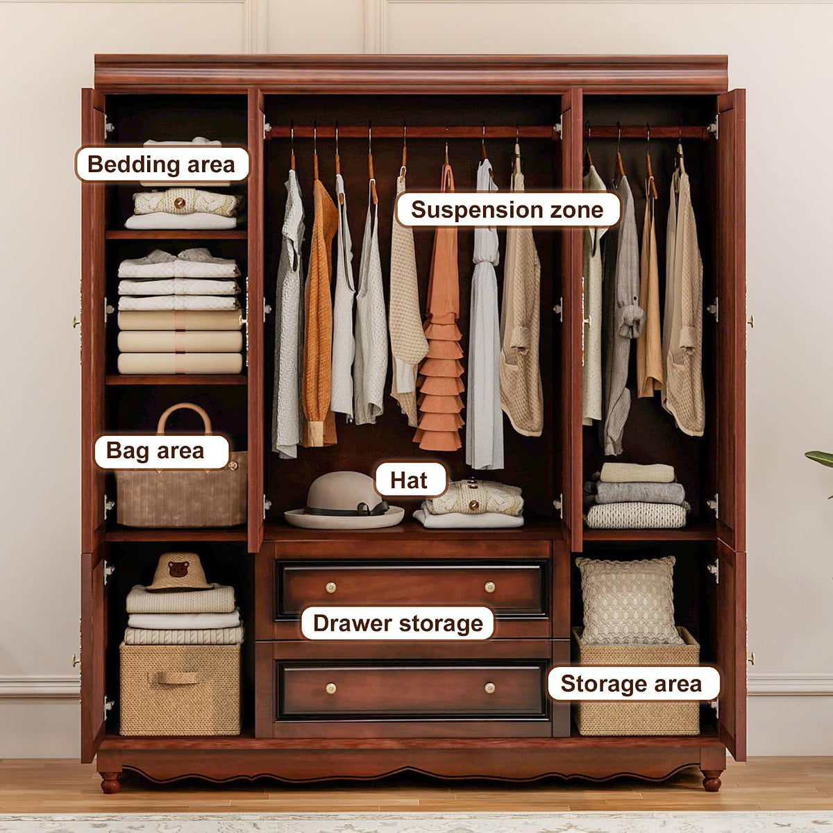 Open wardrobe interior showing hanging rods, multiple shelves and two drawers filled with clothes and accessories