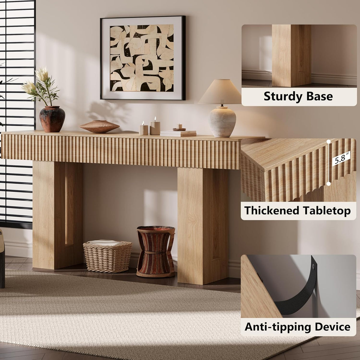 Wide living-room view of fluted console table highlighting thick top and sturdy rectangular legs with anti-tipping inset