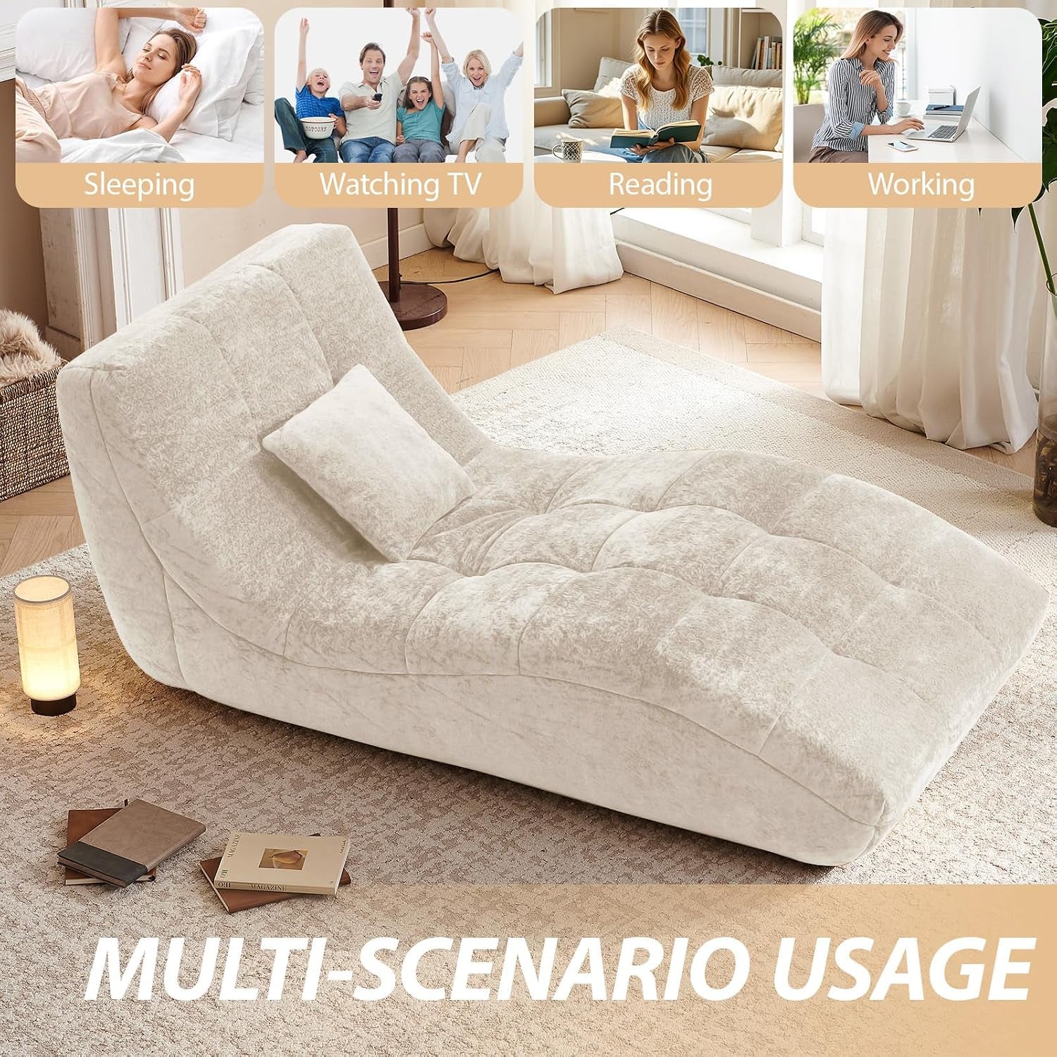 Beige tufted chaise lounge in a living room scene with icons showing uses for sleeping, watching TV, reading, and working