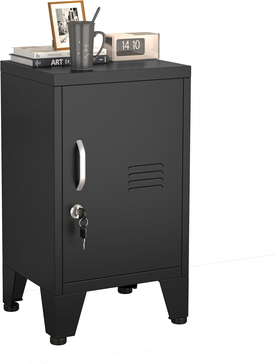 Angled view of a small black metal locker on raised legs with a key in the lock and a mug on top.