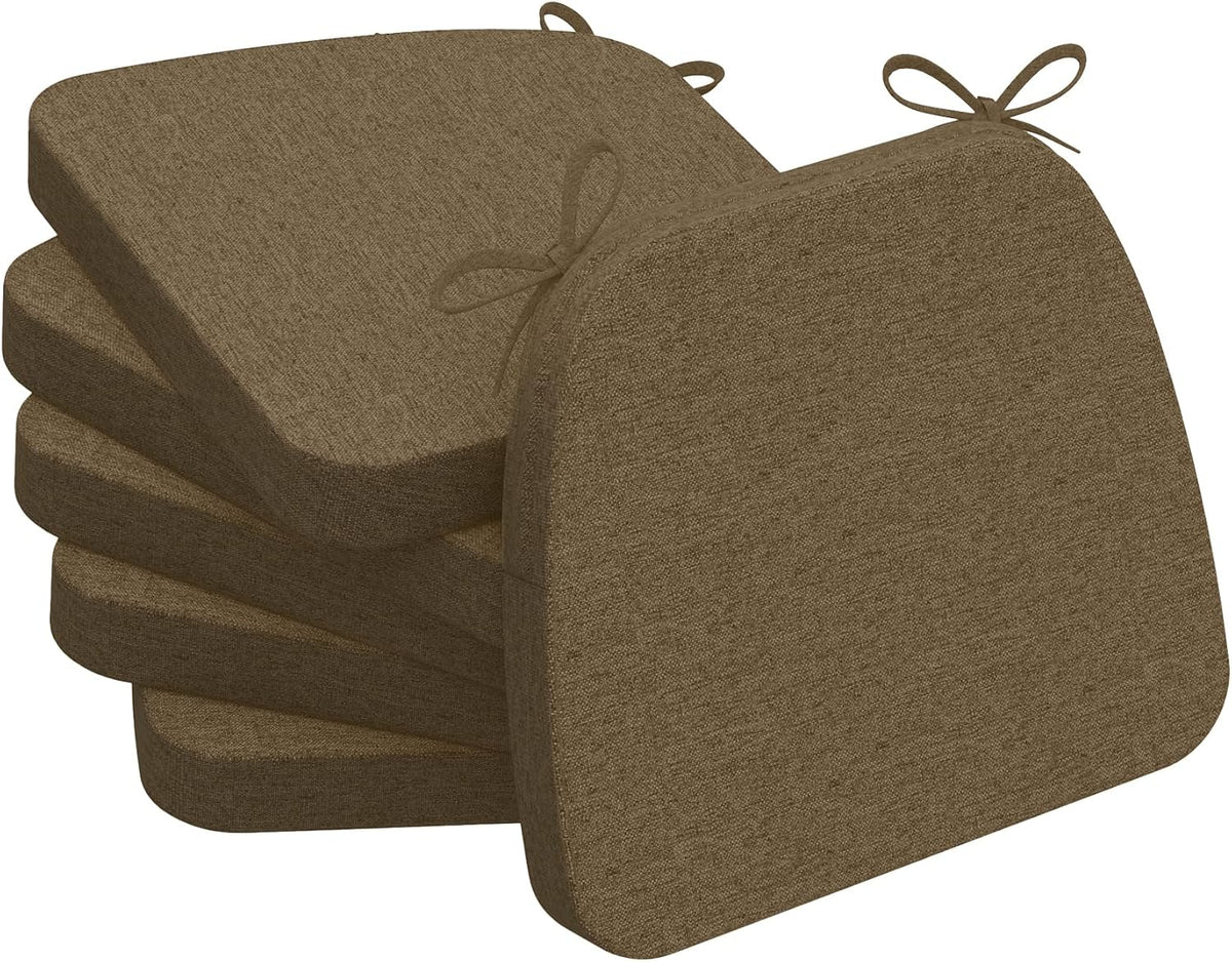 Stack of four brown D-shaped chair cushions fanned with one propped forward, tie loops visible at top.