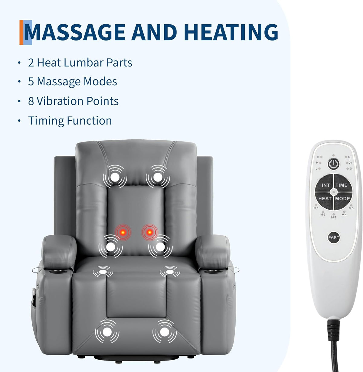 Front view of grey recliner with overlay showing eight vibration points and lumbar heat alongside the wired remote control