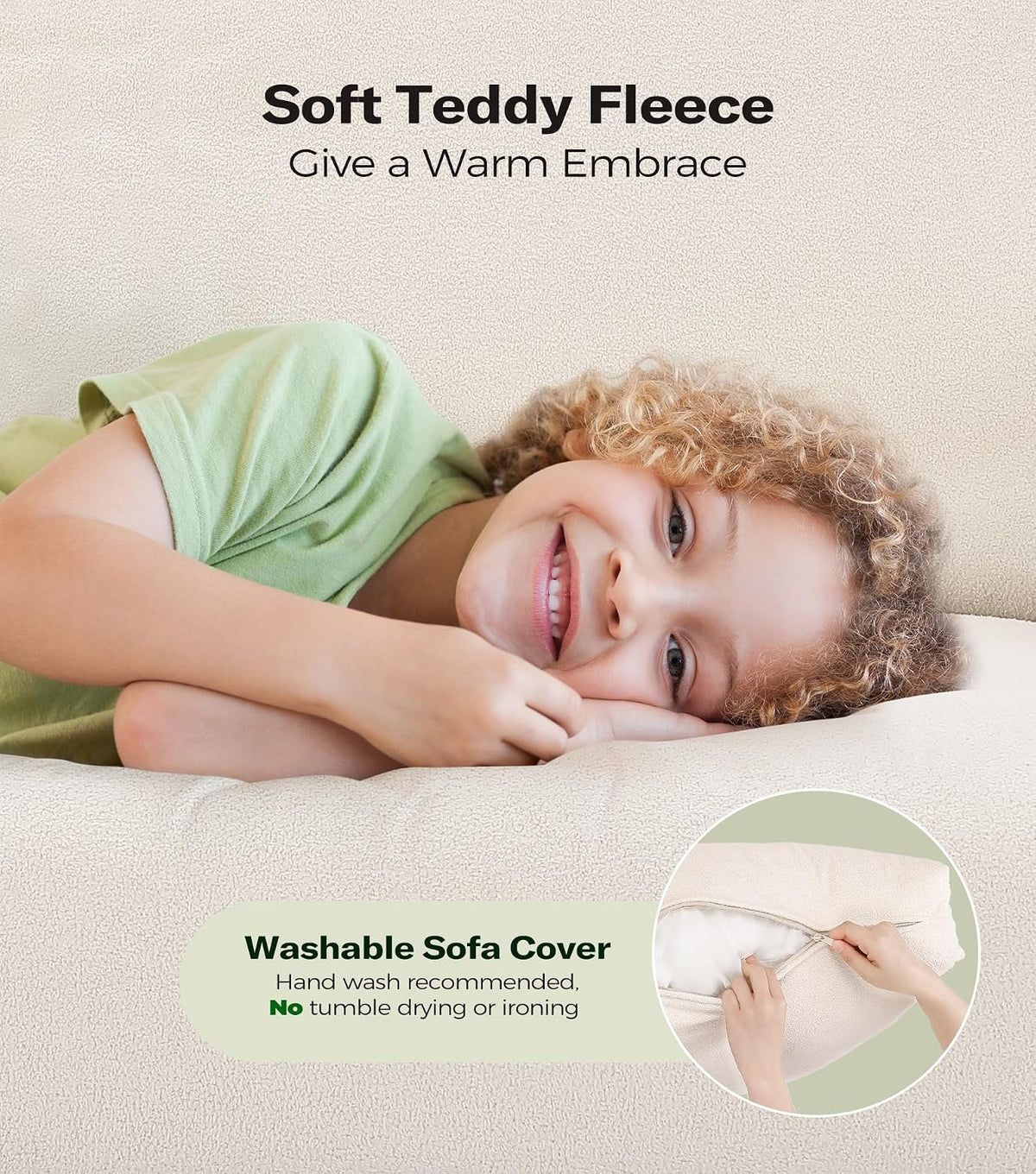 Close-up of cream teddy fleece sofa cover and zipper detail with a child resting on a cushion