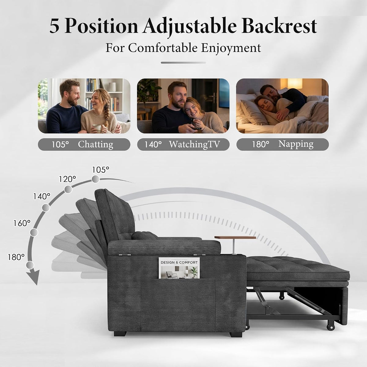 Side profile showing five-position adjustable backrest angles with visible side pocket storage