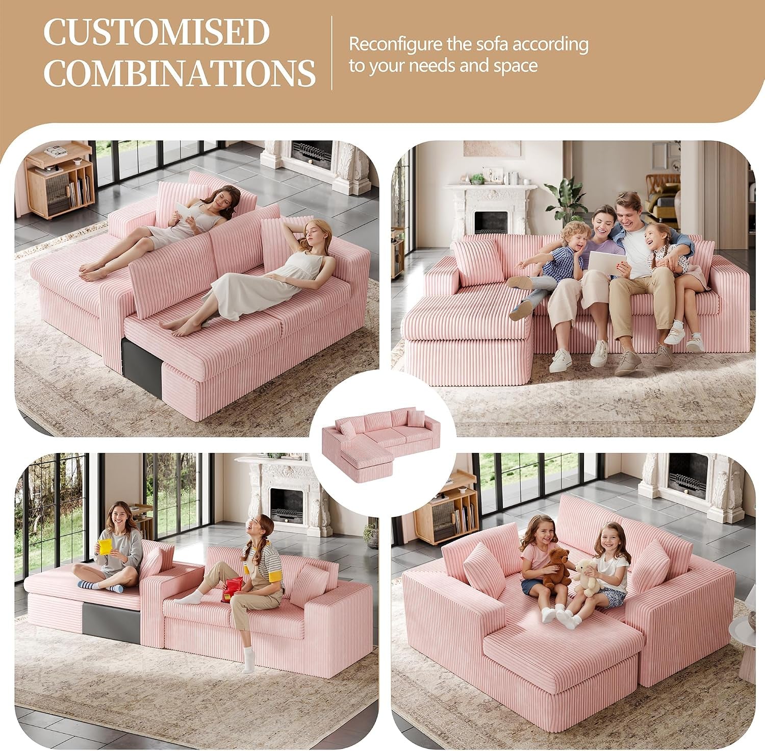 105" Boneless Couches for Living Room, Sectional Couches Modular Sofa with L-Shaped Chaise, Memory Foam Comfy Cloud Couch with Plush Corduroy Fabric, No Assembly Required, Pink