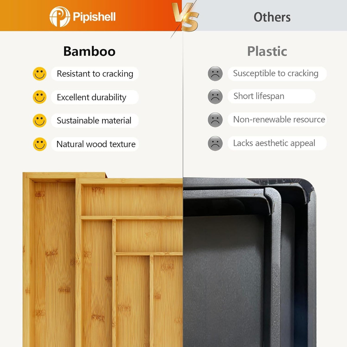 Split close-up showing natural bamboo organizer on the left and stacked black plastic trays on the right