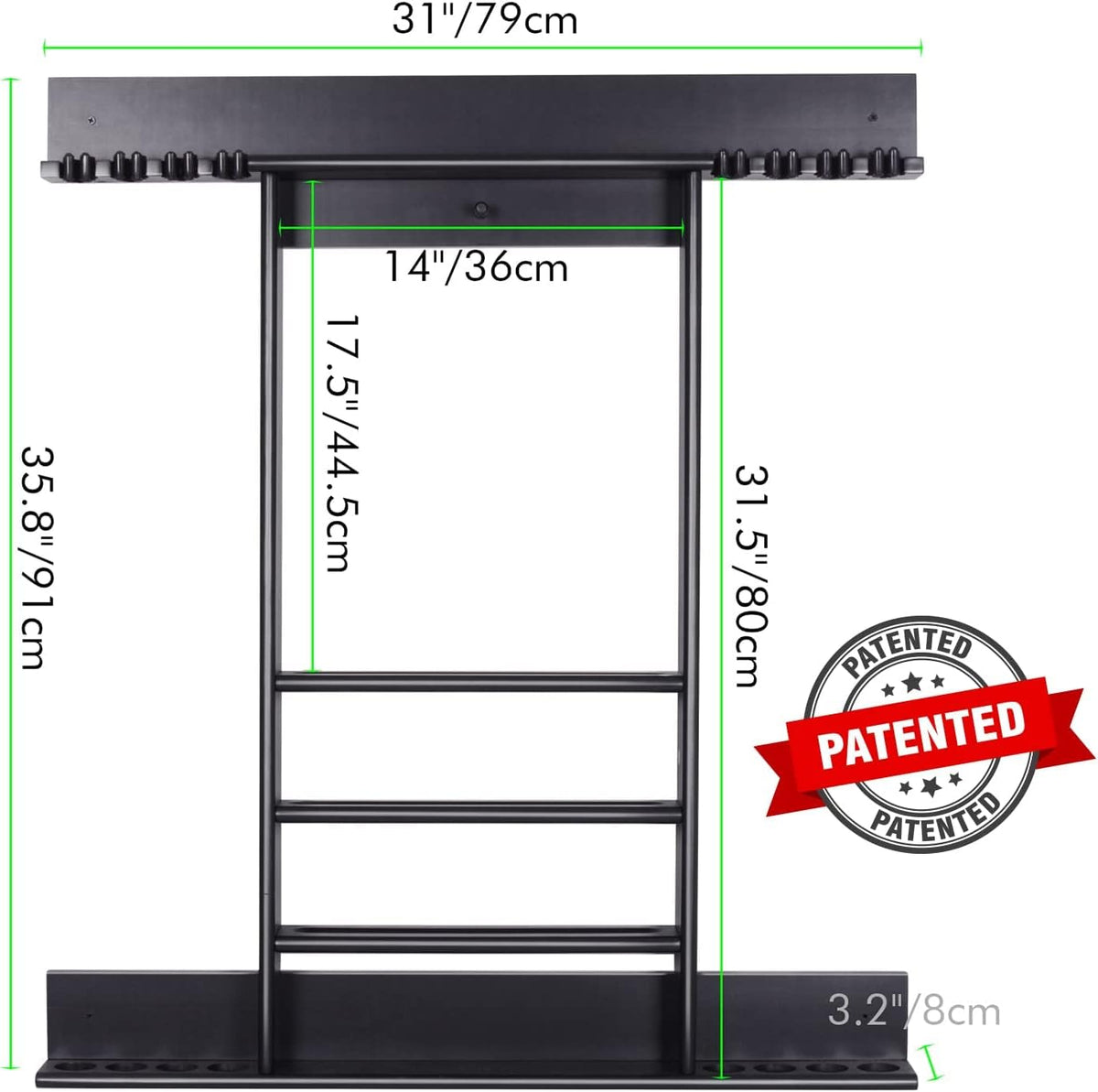 Front view diagram of a black wall cue rack with green measurement lines and cue and ball holders.