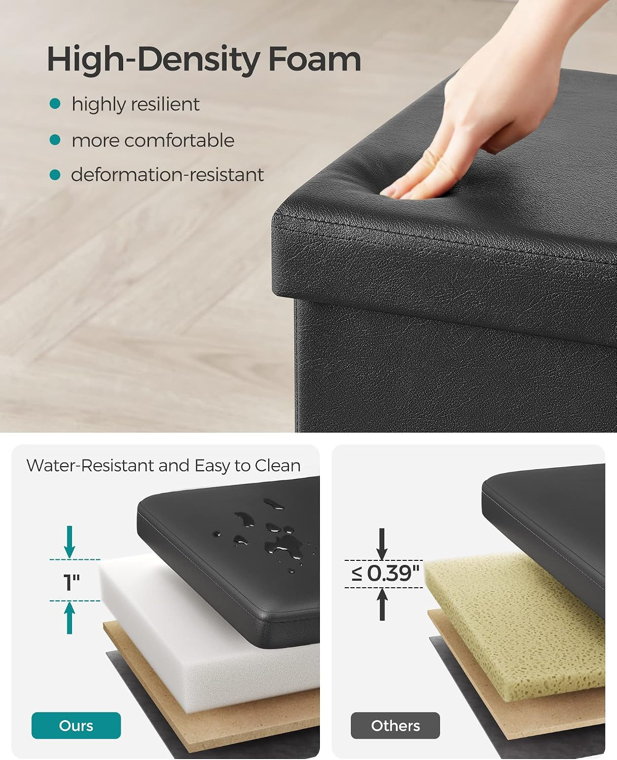 Close-up of the padded black lid being pressed to show high-density foam resilience