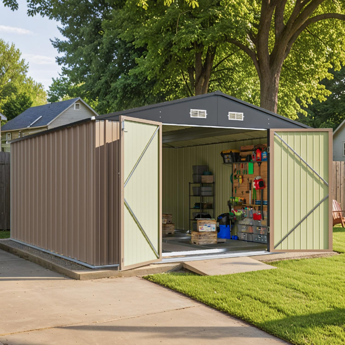 Angled exterior of the shed on a concrete pad with doors open showing empty interior and a small ramp.