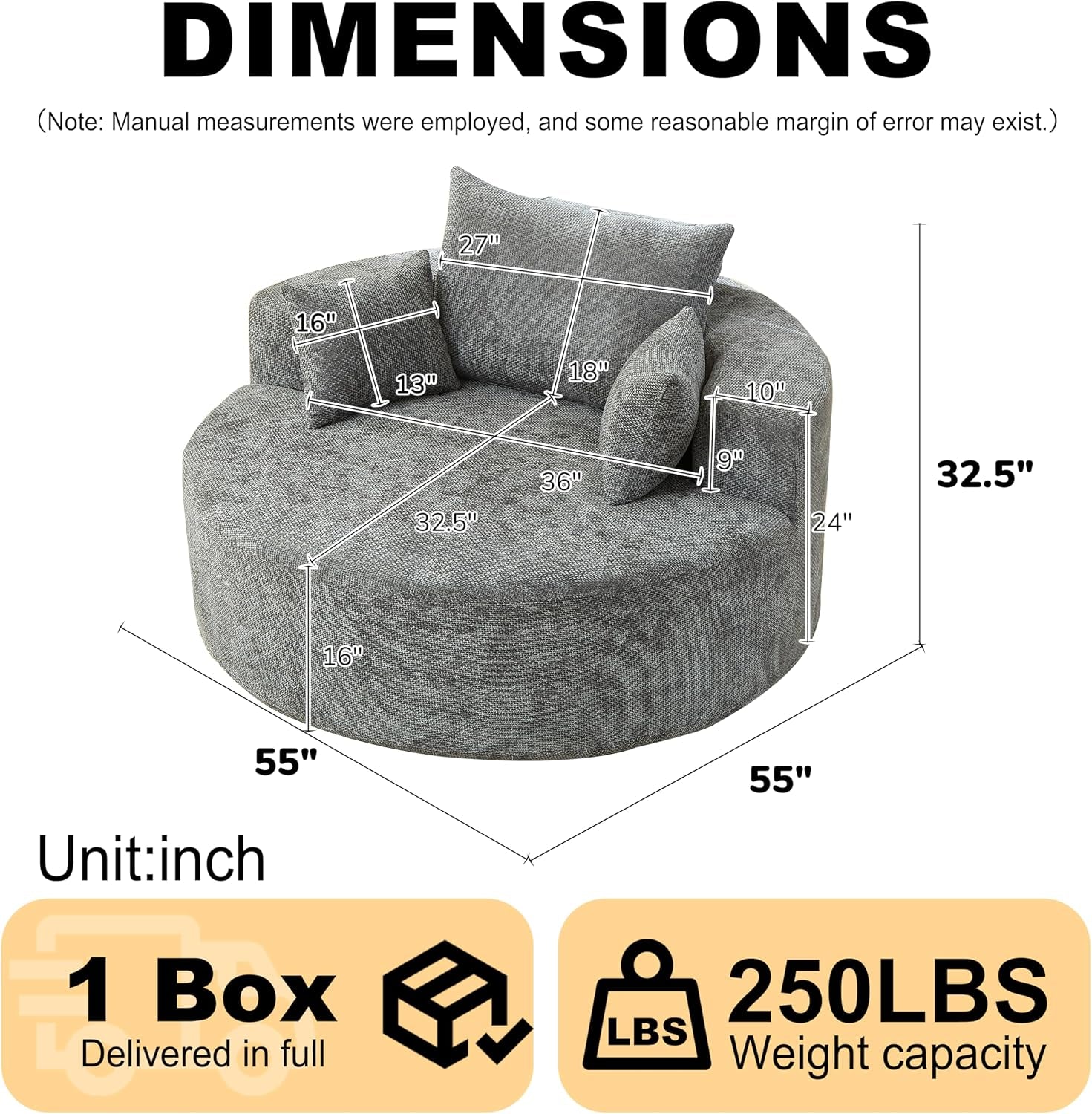55-Inch Oversized Compressed Foam Cloud Chair round Boneless Sofa Chair with Headrest, Comfy Chenille Upholstered Armchair Lounge Chaise for Living Room Bedroom, No Assembly