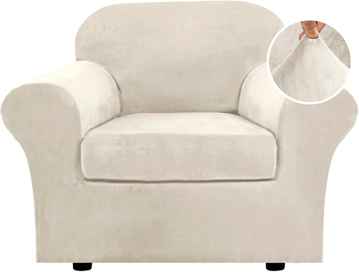 Front-facing single-seat armchair covered in a light beige stretch velvet slipcover with a circular inset of fabric being