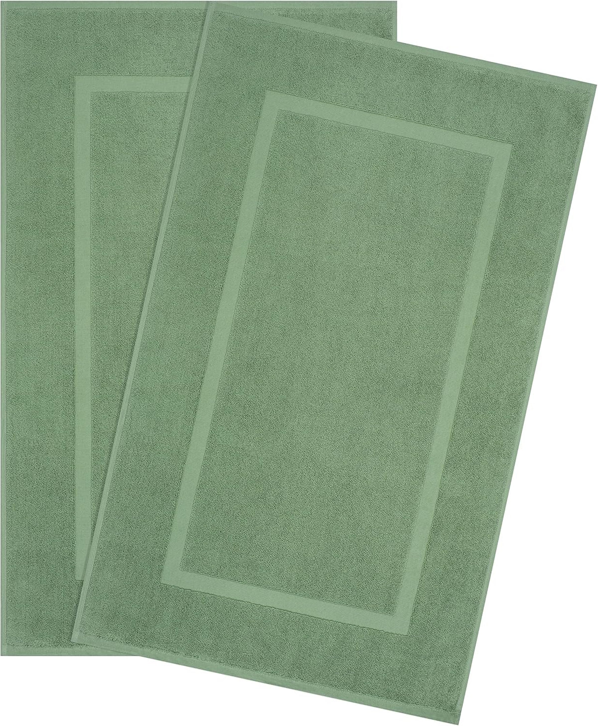 Two overlapping sage green bath mats with rectangular border detail