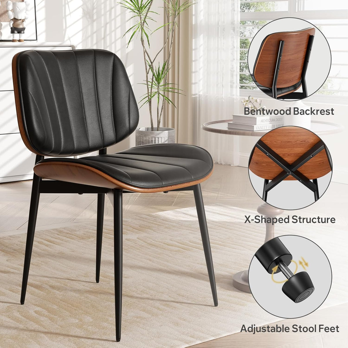 Close-up of a black dining chair showing walnut bentwood backrest and X-shaped metal leg structure