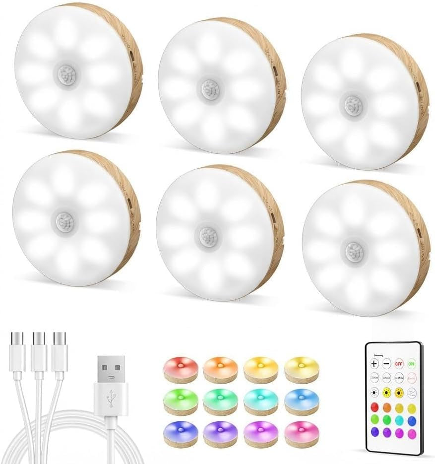 Six round puck lights with wood-grain side edges, USB multi-plug cable and remote shown below.