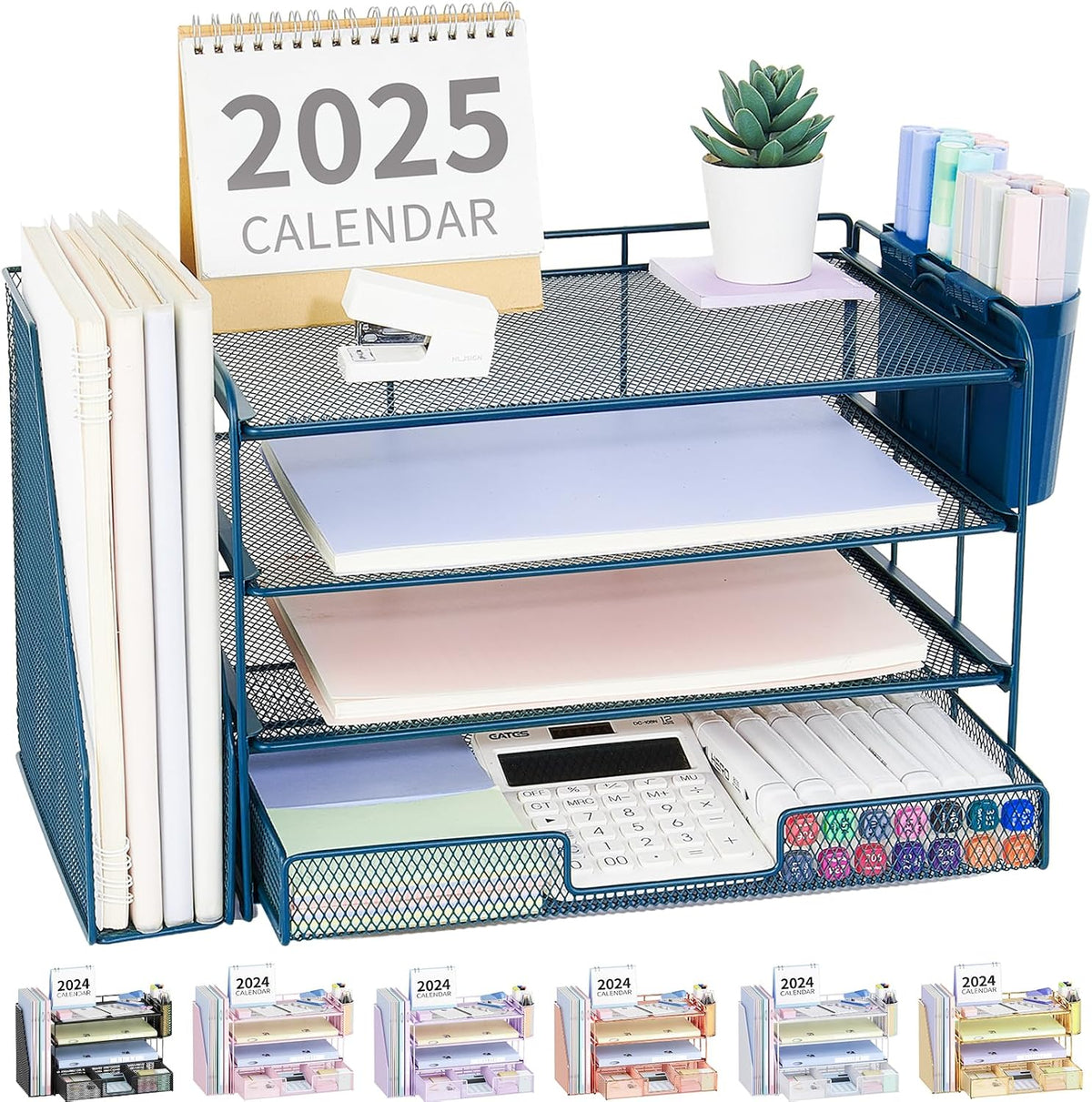 Teal/blue mesh organizer filled with notebooks, a small plant, and markers in the side pen holder.