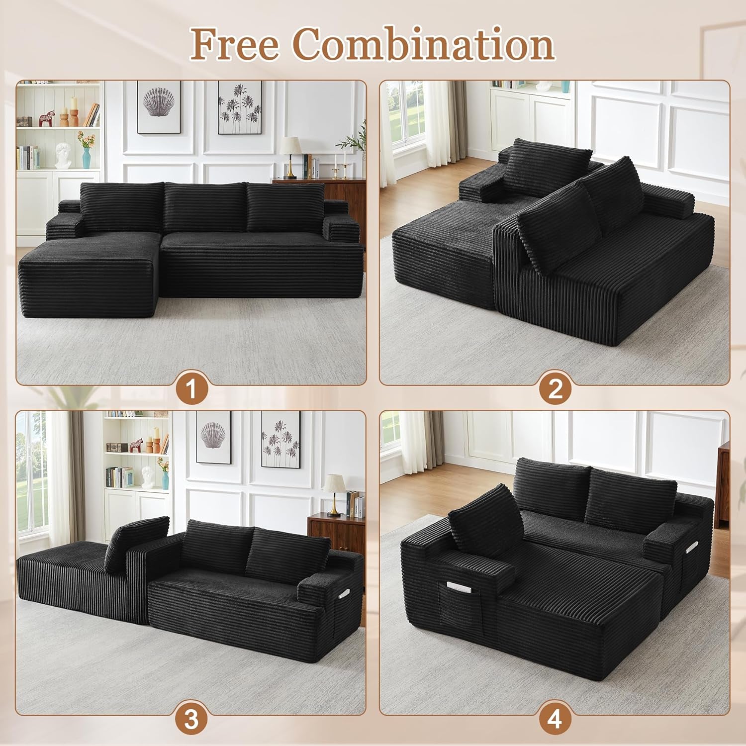 96" L Shaped Cloud Sectional Couch with Chaise, Deep Seat Modular Sectional Sofa Corduroy Memory Foam Sofa Boneless Couches for Living Room Bedroom, No Assembly Required