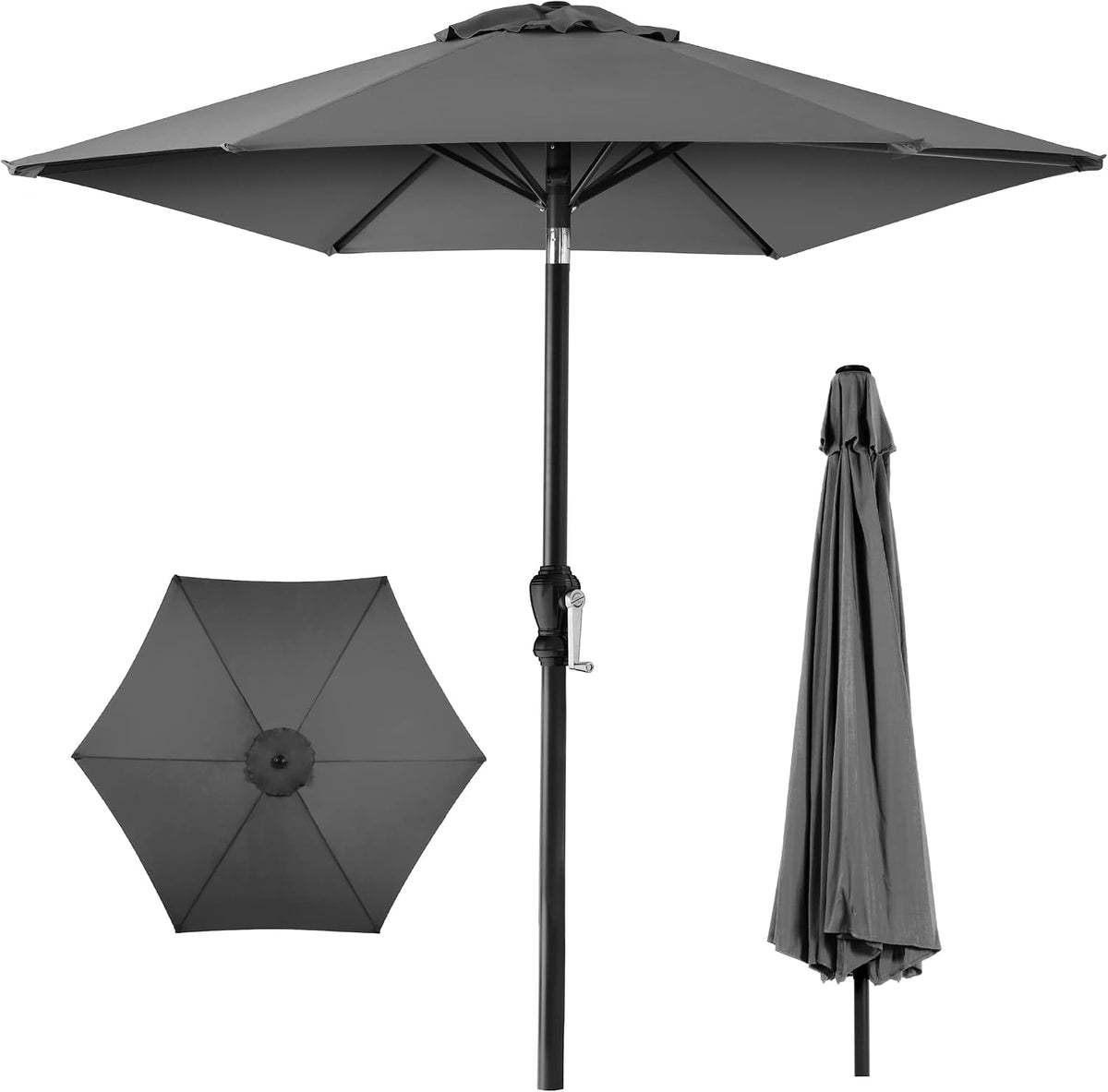 Opened charcoal-gray umbrella on a black pole with folded canopy shown beside it.
