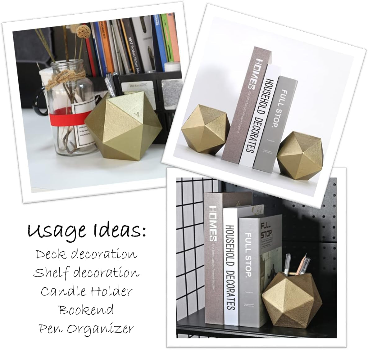 Collage of usage ideas showing gold geometric bookends used as shelf decor and a pen organizer in different scenes
