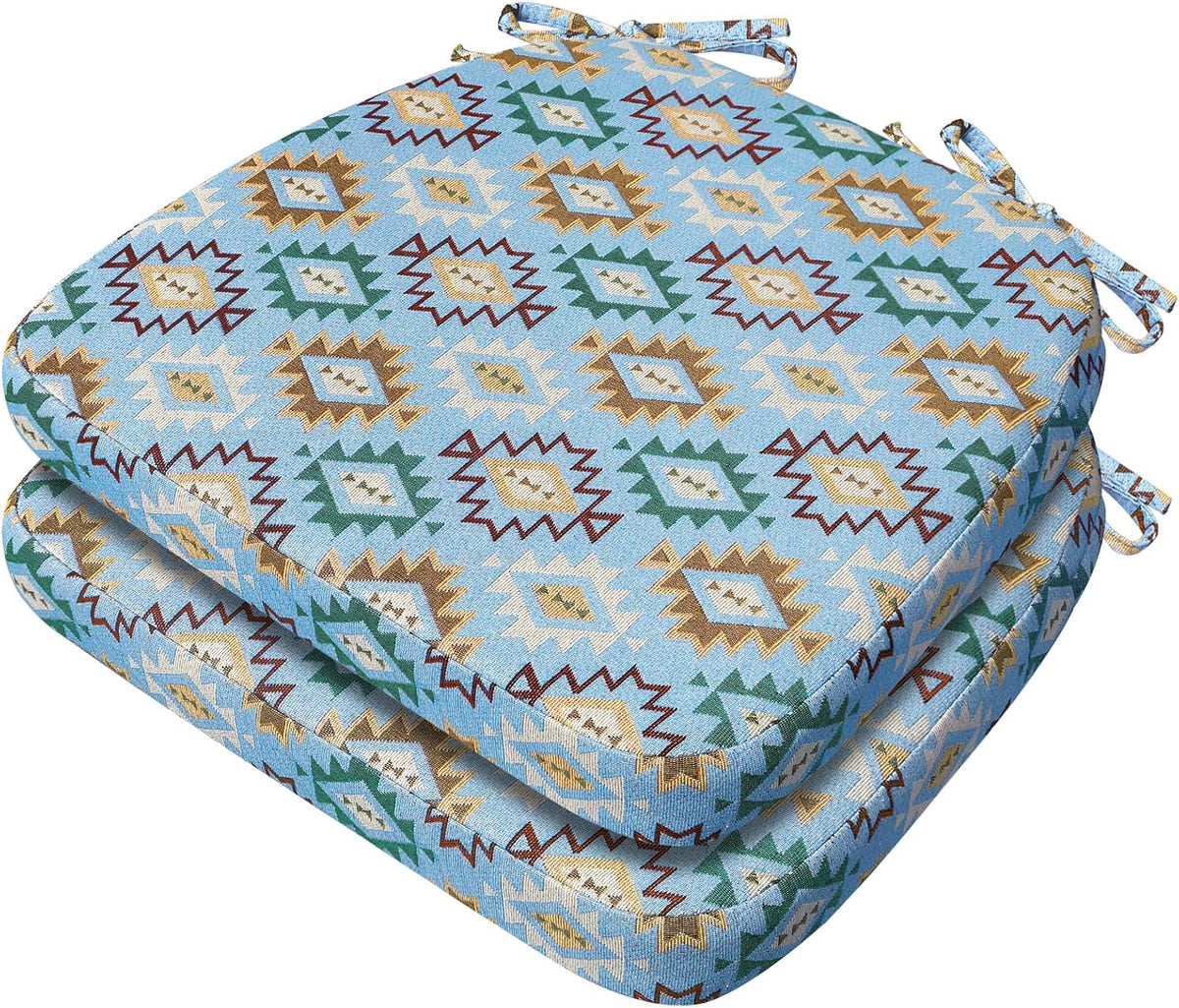Pair of stacked D-shaped chair cushions in a blue fabric with multicolor geometric southwest pattern and tie loops.