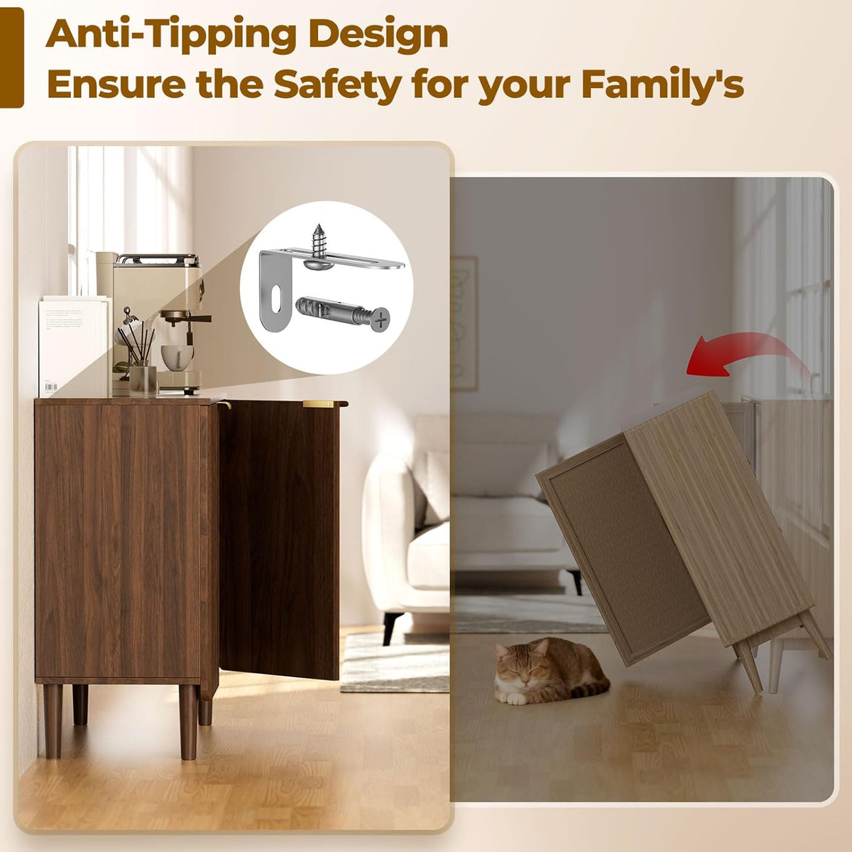 Split image showing cabinet anchored to wall with anti-tip bracket and a second panel showing a tipping cabinet next to a
