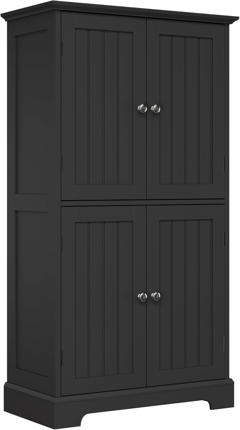 Three-quarter view of a tall two-tier cabinet with beadboard-style doors and chrome knobs in dark matte finish.
