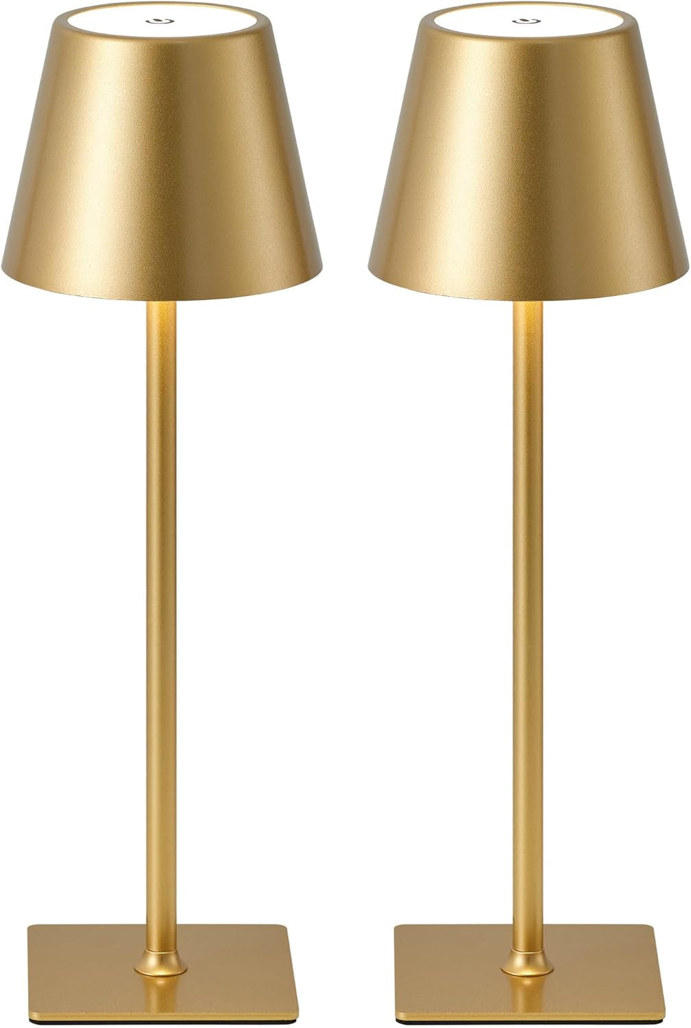 Front studio view of two identical gold cordless table lamps with tapered shades and square bases.