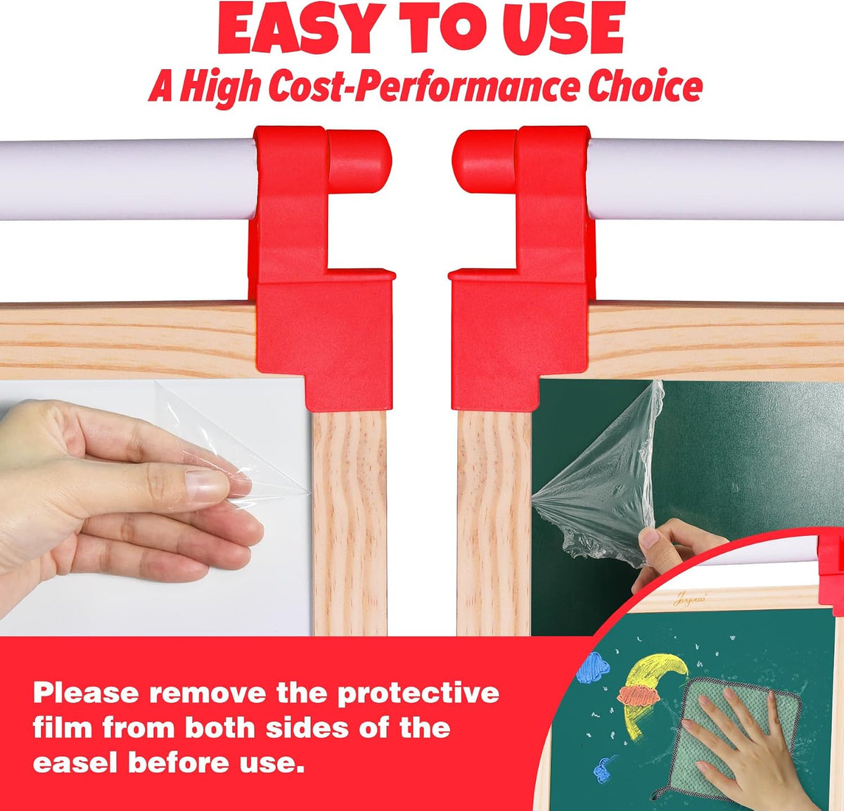Close-up of two red paper-roll clips on a wooden easel and hands peeling protective film from boards.