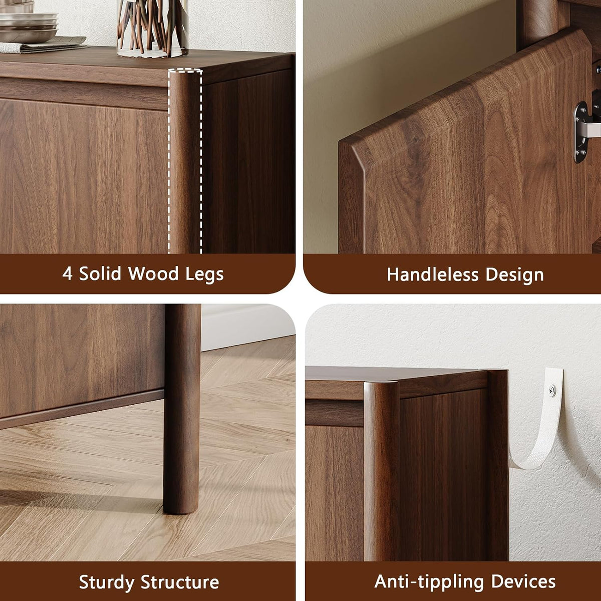 Close-up collage showing round wooden legs, handleless door edge, hinge detail, and anti-tipping strap