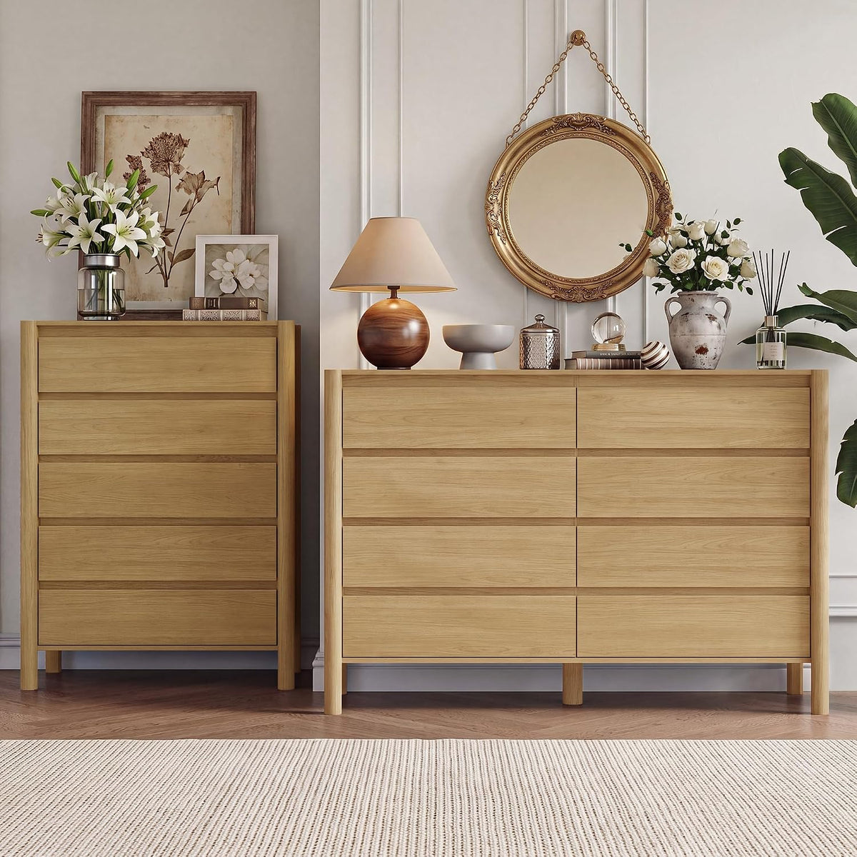 Closer front crop showing the pair’s smooth recessed handle fronts and even wood grain across drawers.