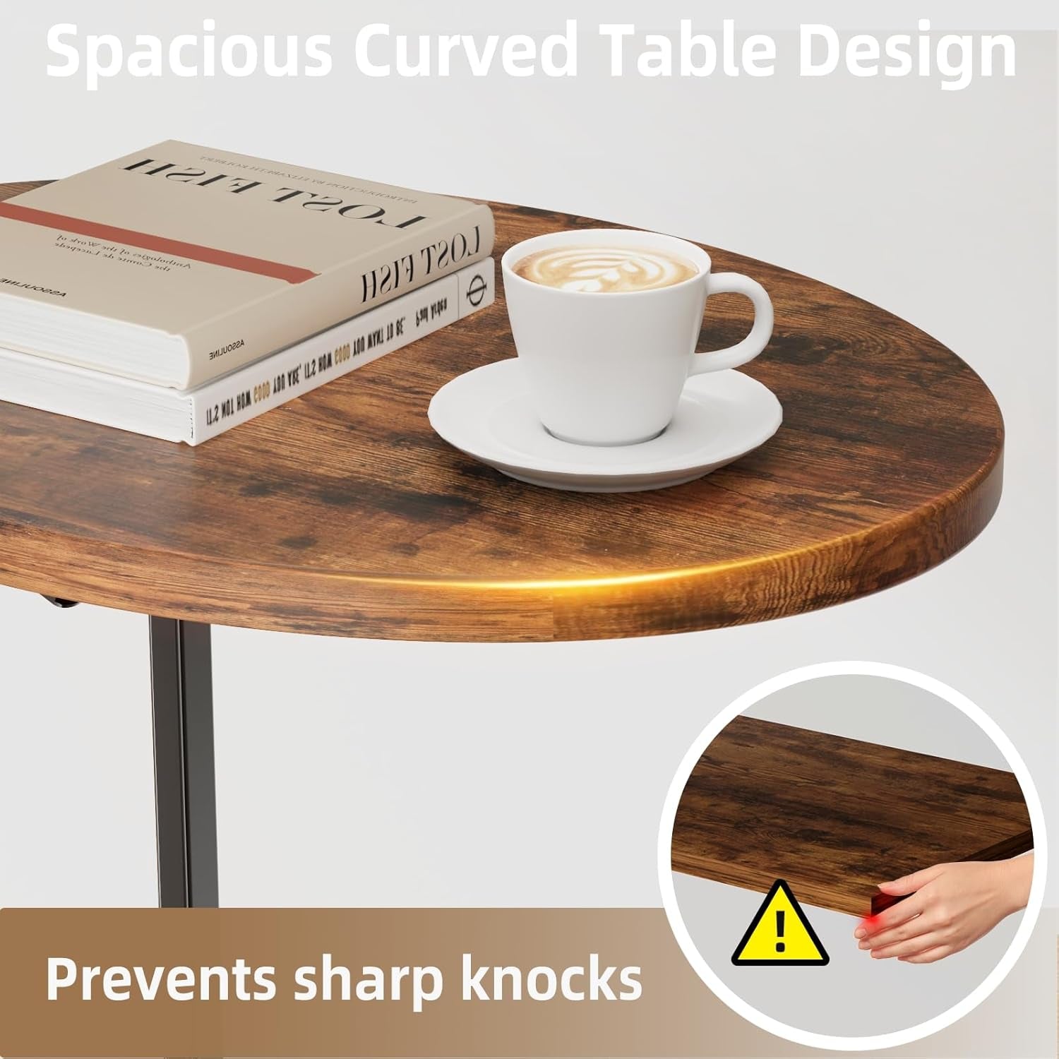 Close-up of wood-grain curved tabletop with cup and books, highlighting rounded edge