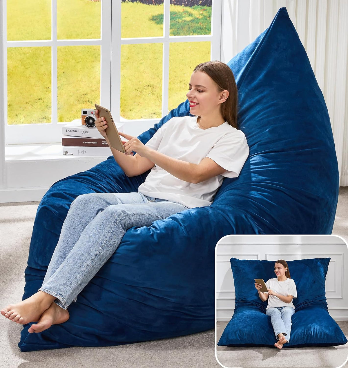 Woman using a tablet seated on a deep blue velvety beanbag lounger; inset shows the lounger flattened into a wide cushion.