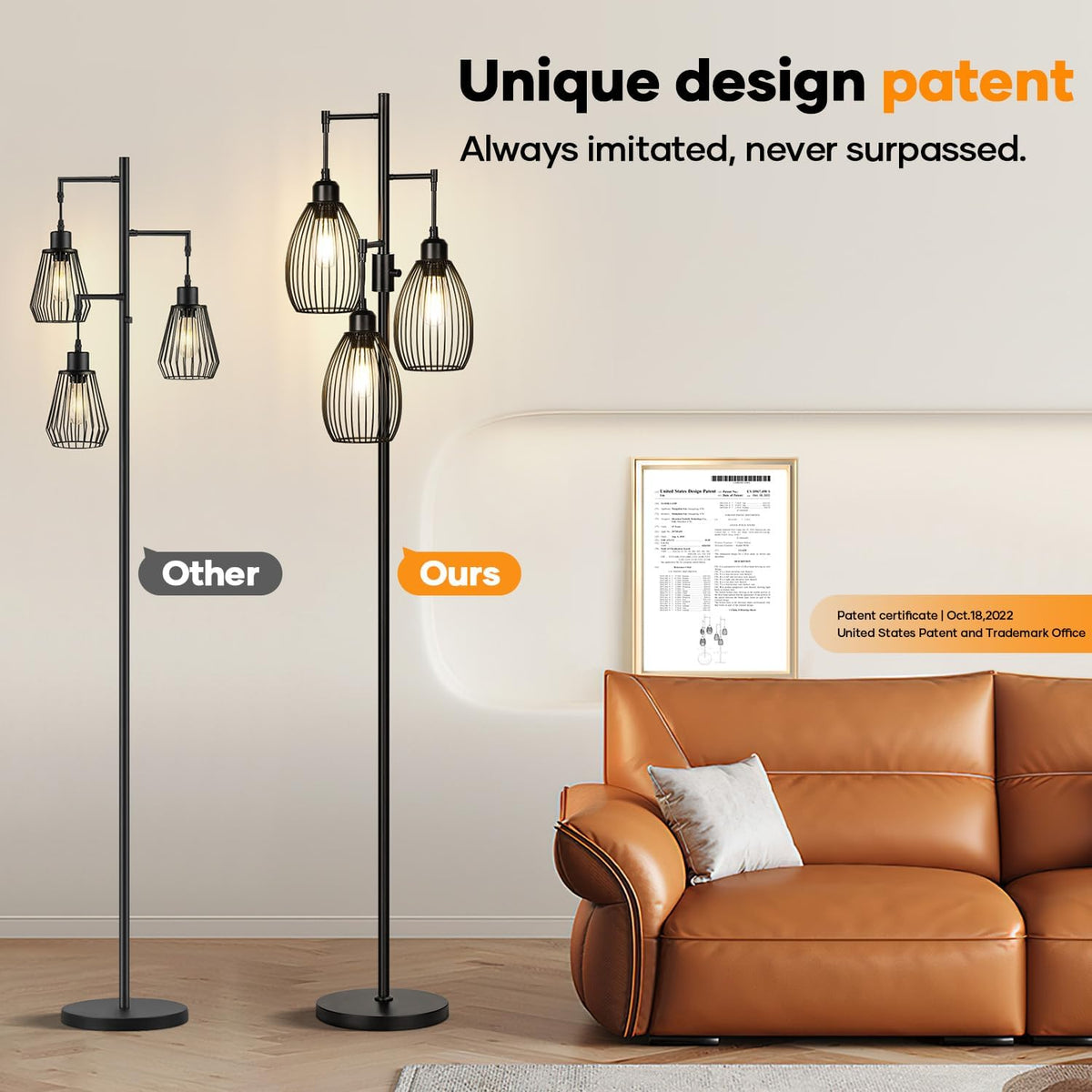 Dimmable Floor Lamp, 3 x 800LM LED Edison Bulbs Included, Farmhouse Industrial Floor Lamp Standing Tree Lamp, gallery view 8