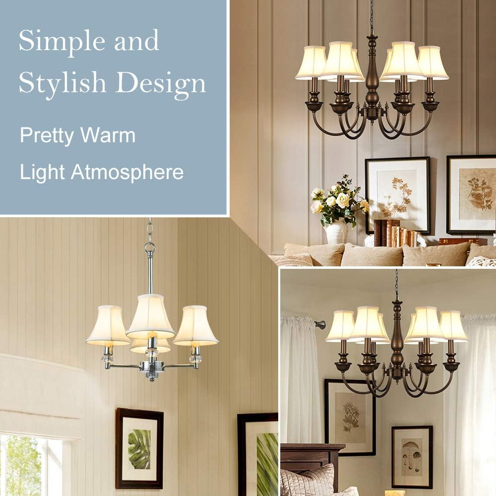 Collage showing chandeliers and wall sconces fitted with cream bell shades in living spaces