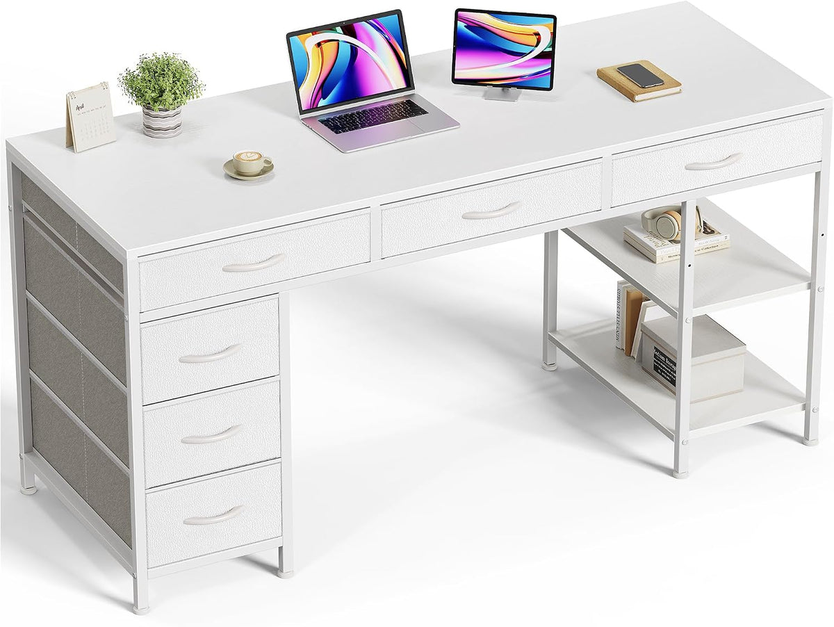 Bright white finish shown at an angle with white fabric drawers and two open shelves styled with storage boxes.