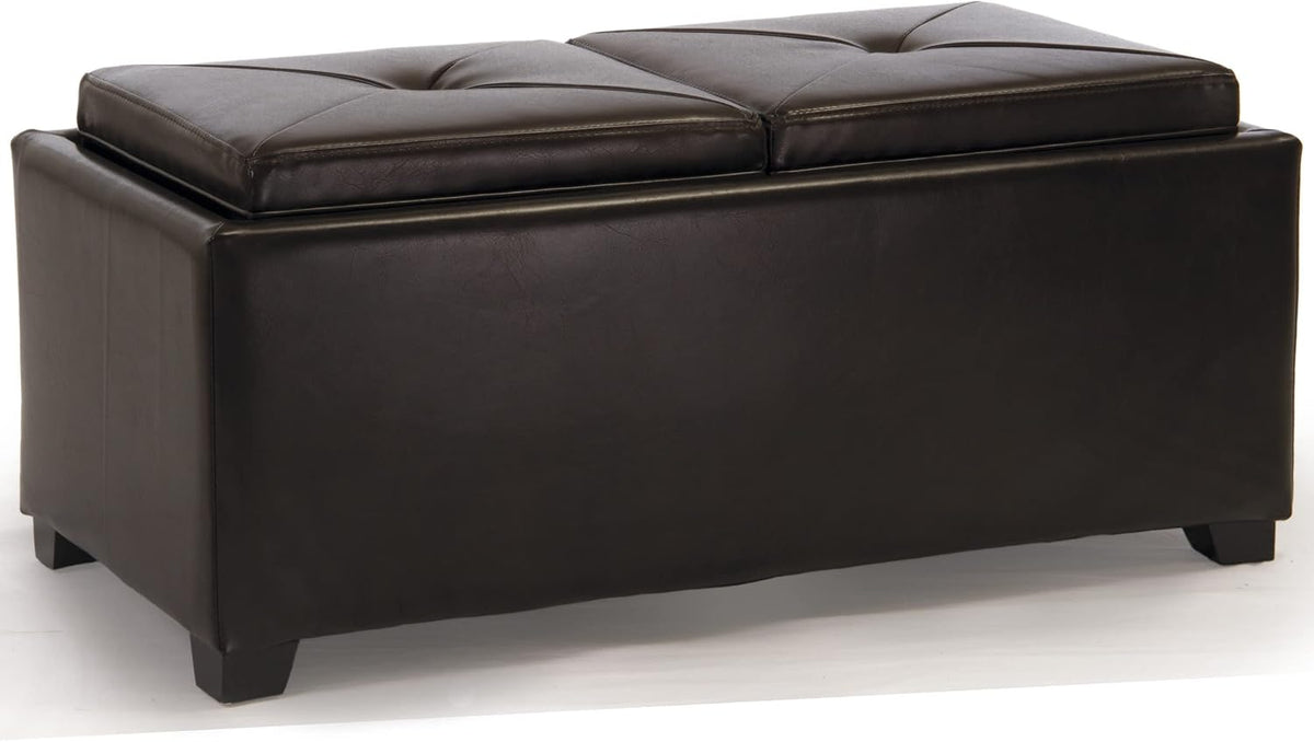 Brown bonded leather rectangular storage ottoman angled front view showing two tufted flip-top cushions