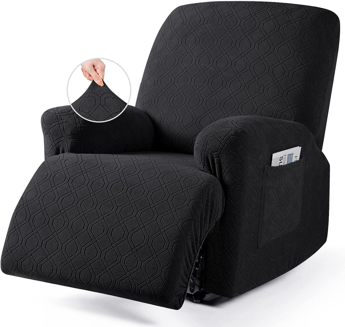 Front three-quarter view of a single black recliner fitted with a textured diamond-pattern stretch cover and fabric close-up