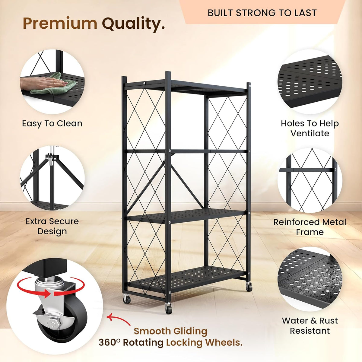 Black metal storage shelf on wheels with close-ups of wheels and perforated shelf surface