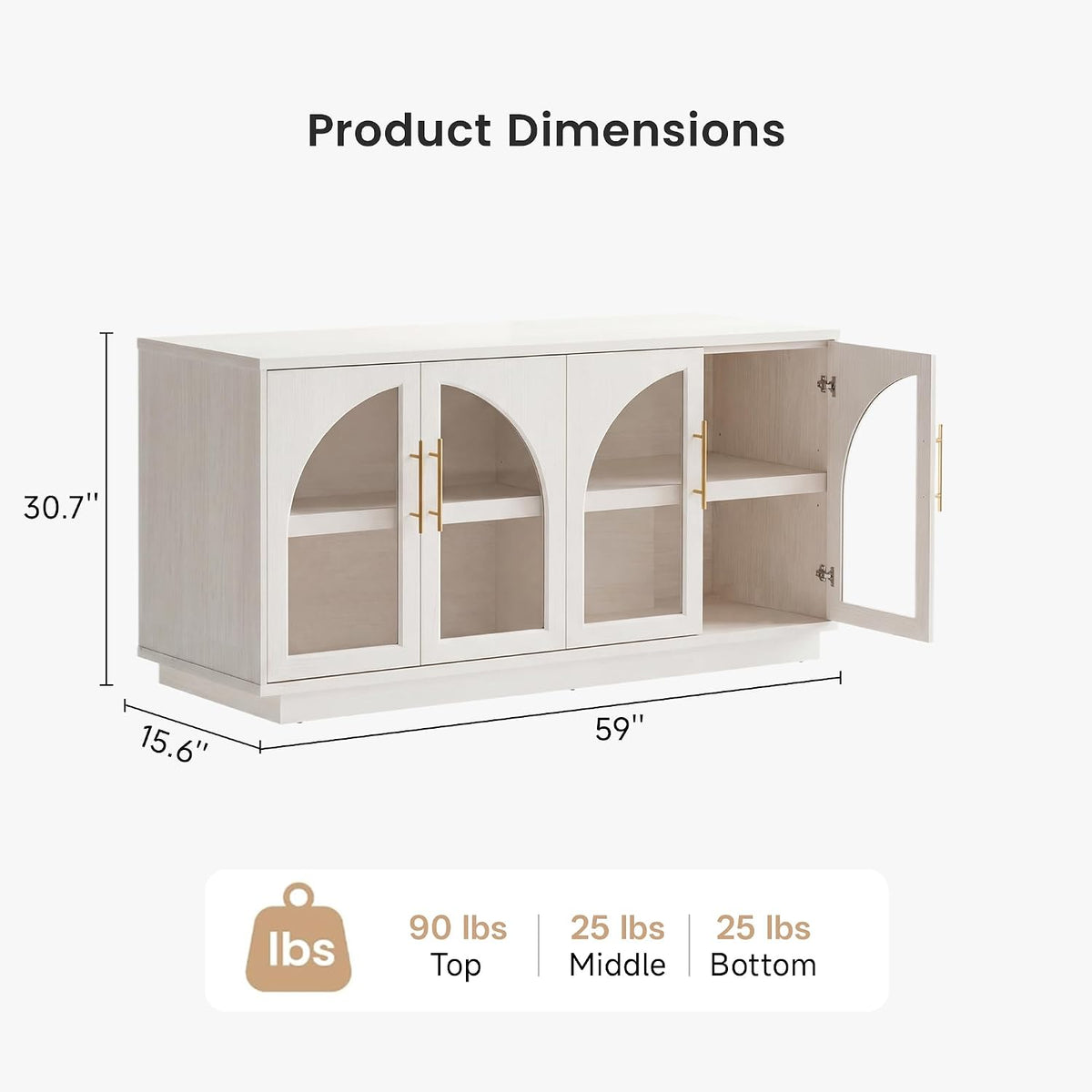 Graphic showing the sideboard dimensions 59" W × 15.6" D × 30.7" H and listed weight capacities