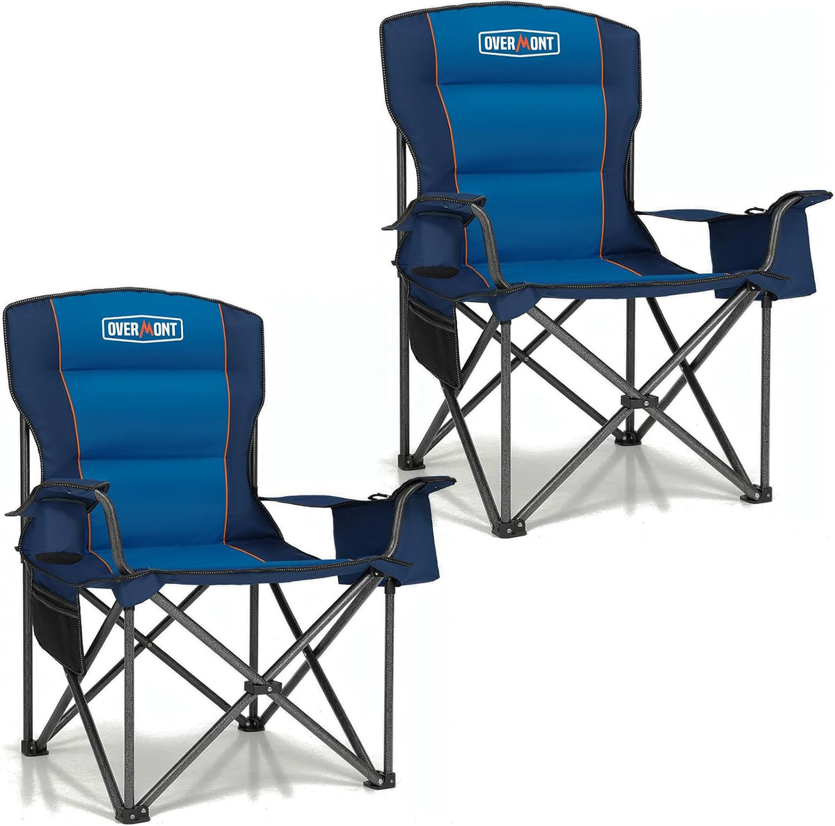 Two angled front views of the same padded blue folding chair showing the high back, armrests and mesh side pocket.