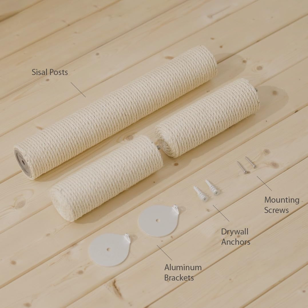 Three sisal-wrapped posts, two aluminum brackets, drywall anchors and mounting screws arranged on a wooden surface.