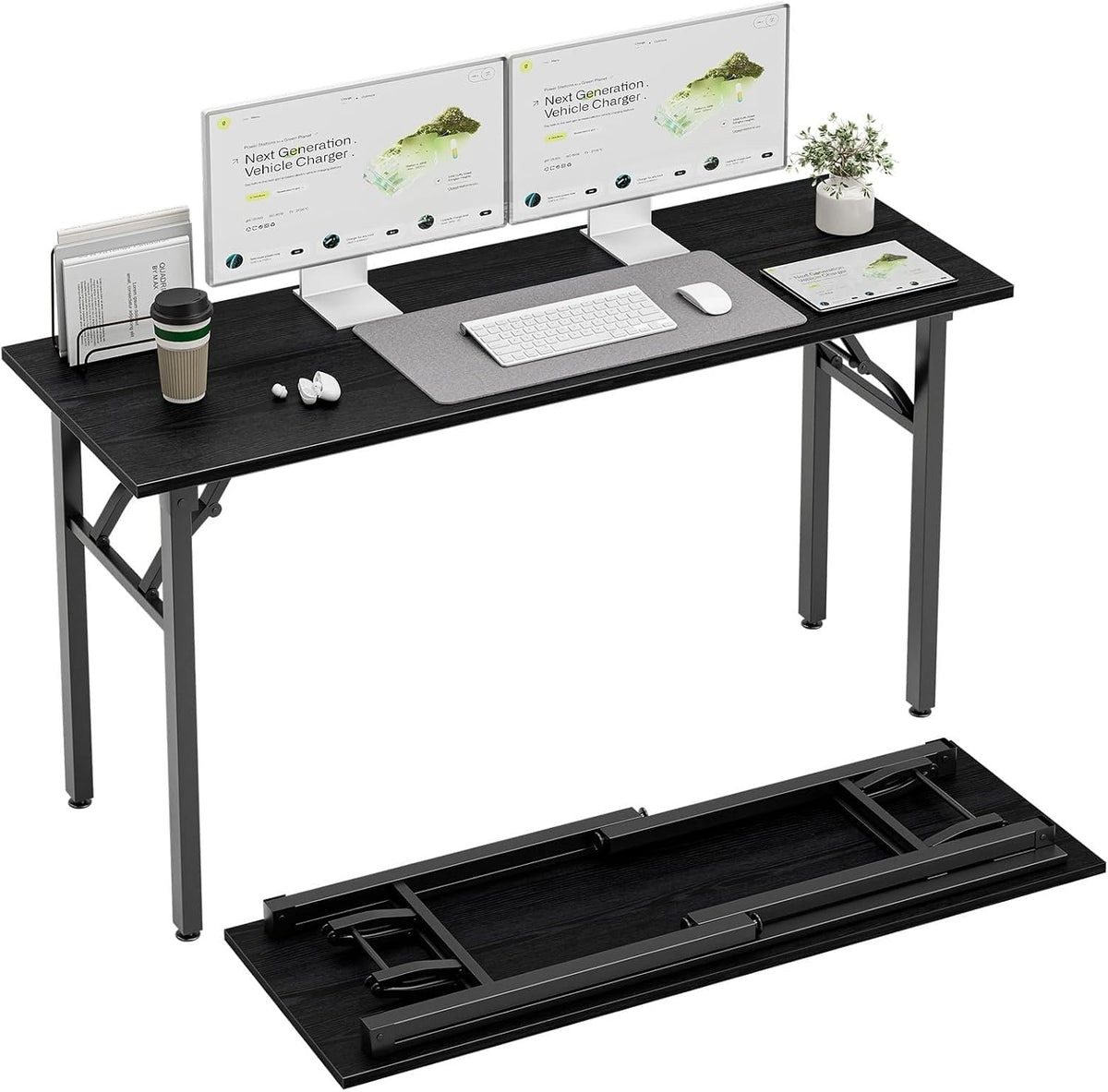 Black wood-finish desk arranged as a dual-monitor workspace with keyboard and mouse; spare folded top below