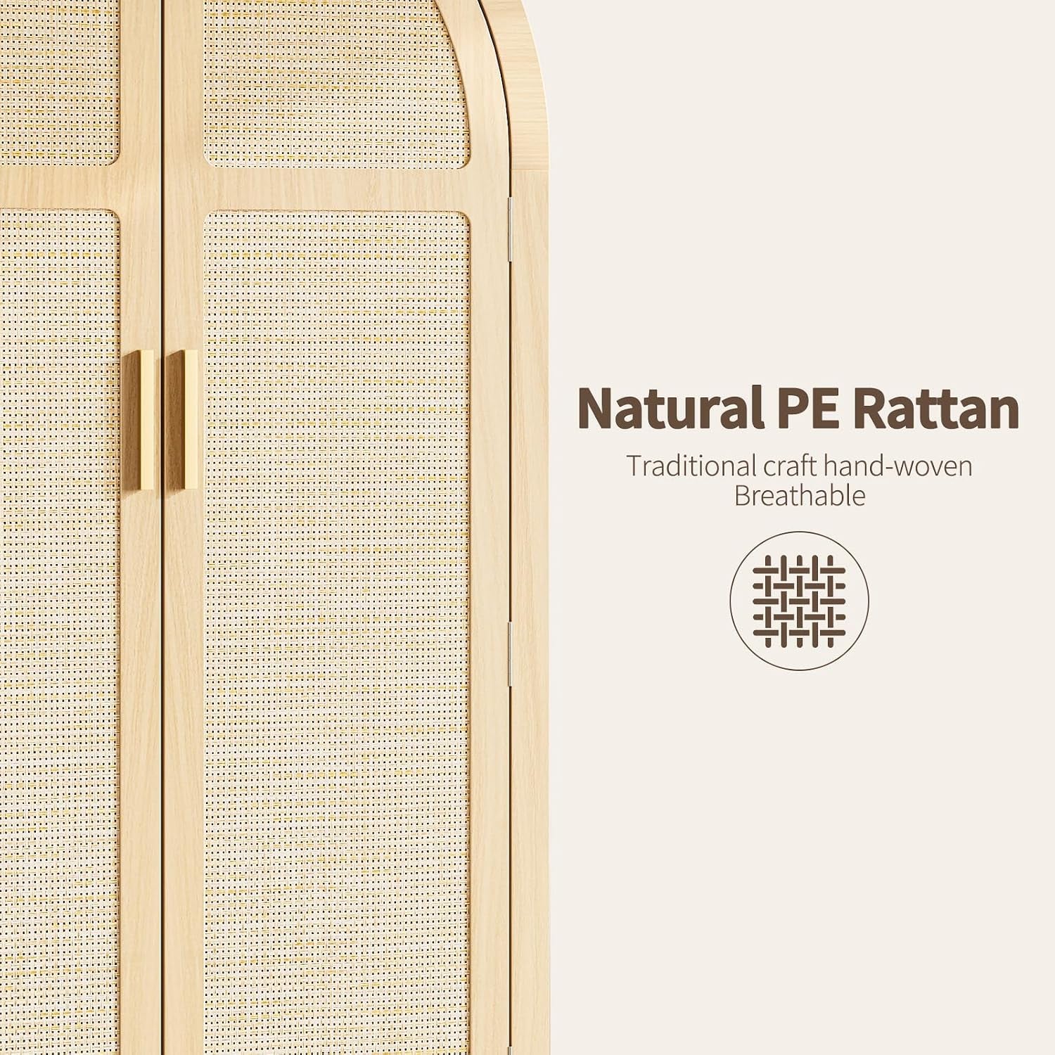 Close-up of arched door panel with woven breathable rattan insert and light wood frame showing handle detail
