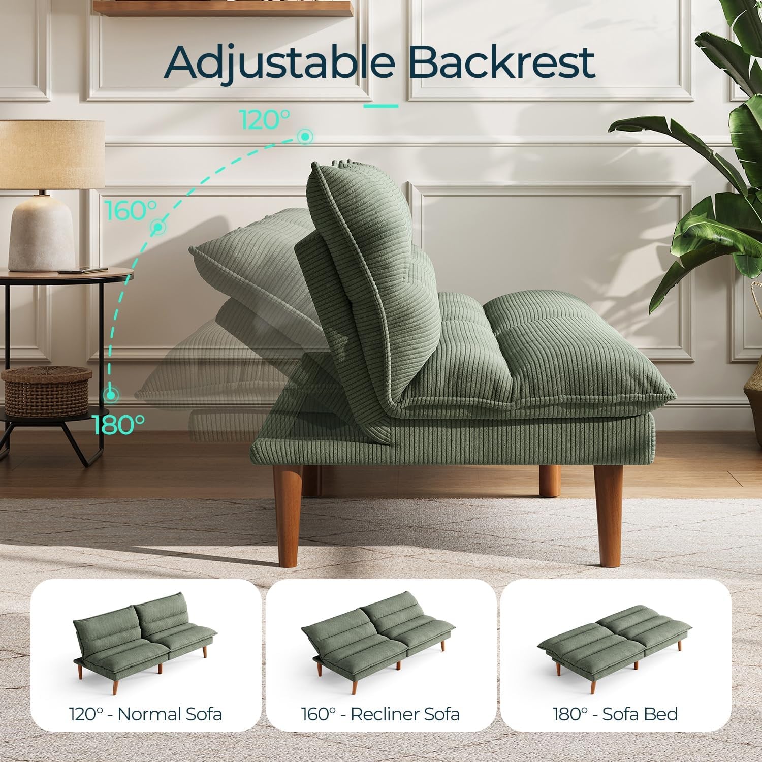 Side view sequence showing the futon backrest adjusting between 120°, 160°, and 180° positions