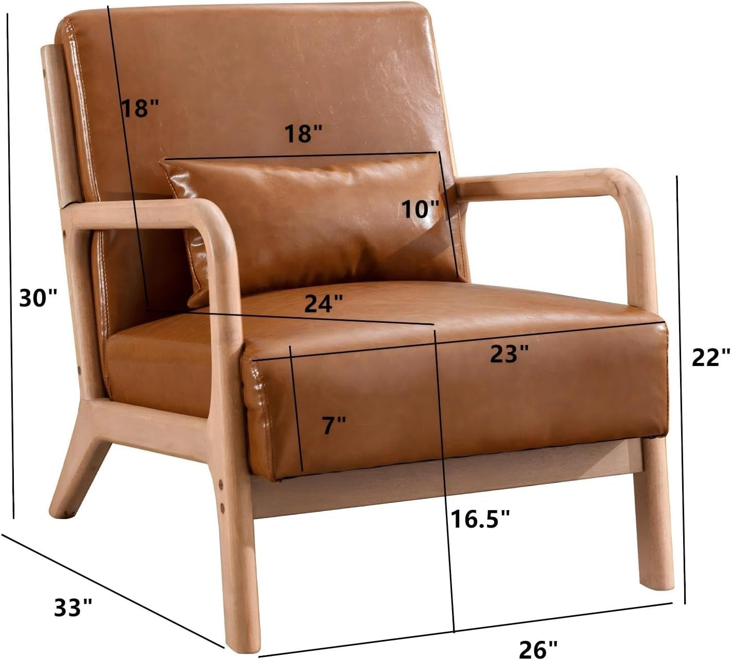 Camel chair with dimension overlays showing width, depth and height measurements