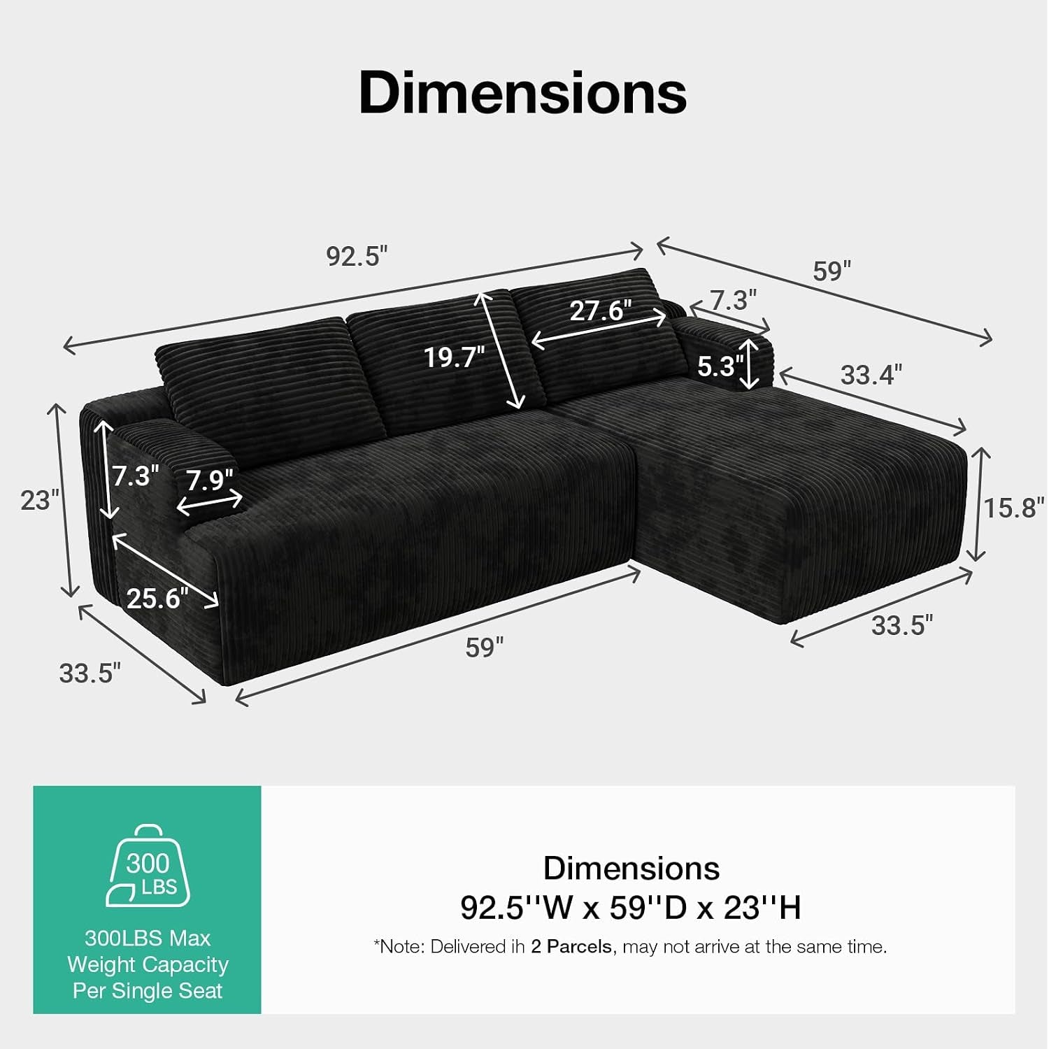 L-Shape Sectional Couches for Living Room with Smarts Coil® Support, 3 Seater Sectional Sofas for Living Room Bedroom, Corduroy Cloud Couch Sectional, No Assembly(Black, Right Hand Facing)