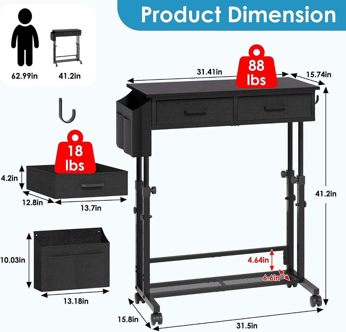 Dimension diagram of standing desk showing desktop size, drawer and lower shelf measurements and height range graphics