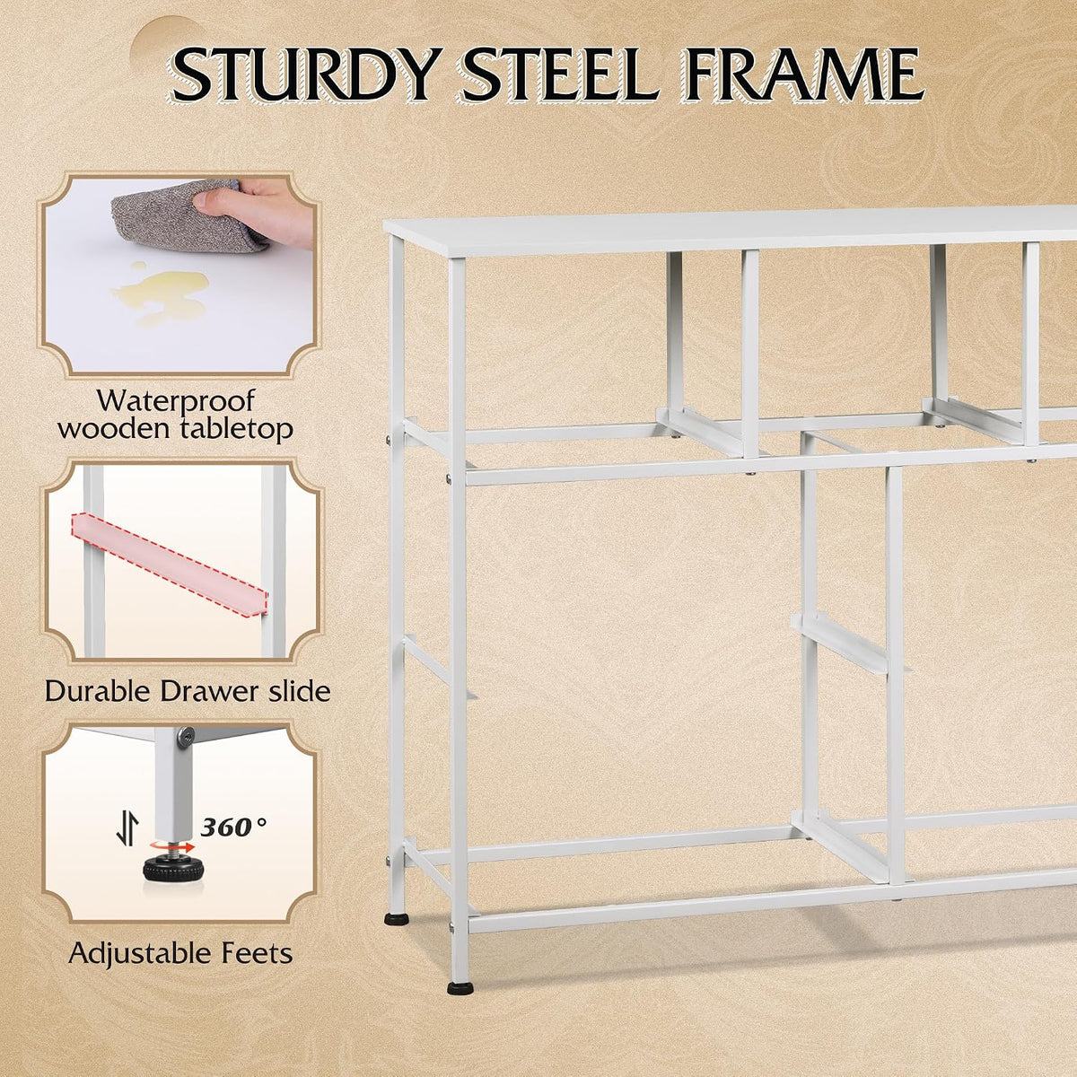 Close-up view of the white metal support frame highlighting crossbars and adjustable feet.