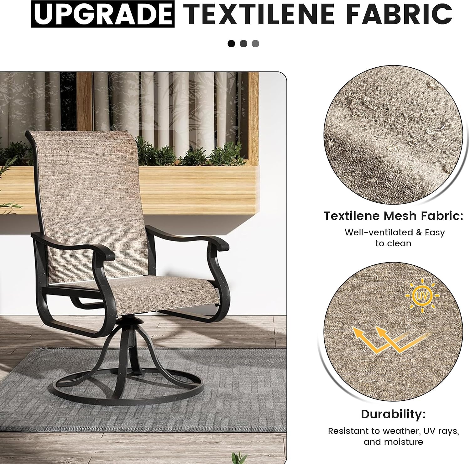 Single high-back patio chair in brown Textilene with close-up inset of fabric texture and water beading