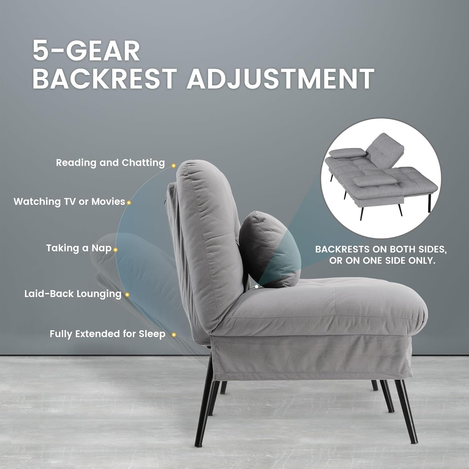 Side view of grey futon showing 5-gear backrest adjustment and slim black metal legs